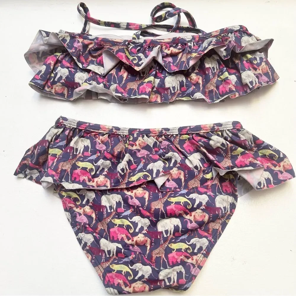 Janie and Jack Animal Print Two Piece Ruffle Bikini Top and Bottom Girls 5 EUC